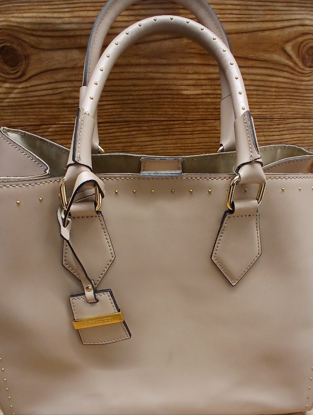 Neutral Beige Satchel with Gold Stud Accents Women's Handbag